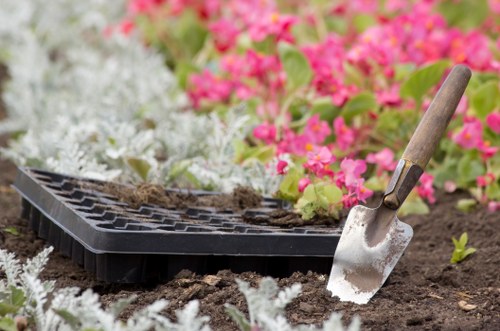 Close-up view of a gardening scene in a residential garden, showing a black plastic seed tray placed on freshly dug, dark brown soil, with some soil spilling onto the surrounding area. A small hand trowel with a wooden handle rests partly on the soil and partly on the seed tray, with its metal blade partially embedded in the earth. In the background, vibrant pink and white flowering plants, possibly bedding flowers, fill the garden, creating a colourful contrast against the dark soil and green foliage. The scene takes place outdoors, under natural daylight with a slightly overcast sky, characteristic of early spring or late autumn. The image highlights planting and soil preparation tasks, common in professional gardening and landscaping services in Covent Garden, London, emphasizing detailed work with soil, planting tools, and garden bed layout as part of horticultural maintenance or garden design projects.